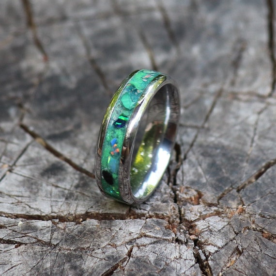 MINT FIELD, Green Opal, Malachite, Stone Inlay, Titanium or Tungsten Glowstone Ring, Wedding, Engagement Band, 6mm, Womens
