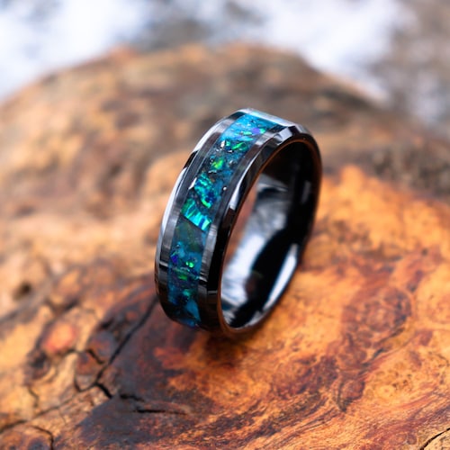 BLUE shops MIDNIGHT FOREST, Meteorite, Emerald Opal, Stone Inlay, Black Ceramic Blue Glowstone Ring, Wedding, Engagement Band