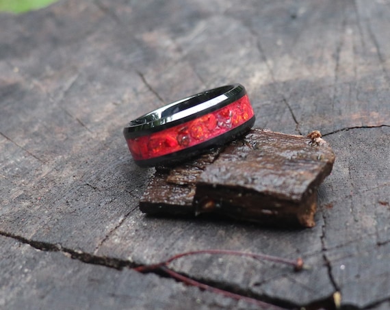 Fiery Autumn, Meteorite, Fire Opal, Stone Inlay, Black Ceramic Ring, Unique Wedding, Engagement Bands, RED