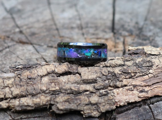 GALAXY, Blue Deep Space Opal, Meteorite, Iodite, Sapphire, Stone Inlay, Black Ceramic Glowstone Ring, Wedding, Engagement Band