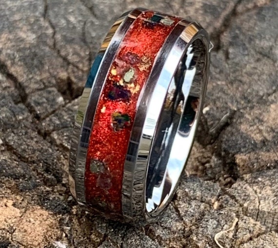 CAMPFIRE EMBER, Red, Opal, Ruby, Pyrite,  Stone Inlay, Tungsten Carbide Ring, Wedding, Engagement Band