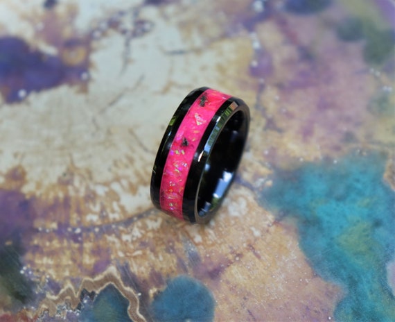 Hot Pink Opal, Meteorite, Stone Inlay, Black Ceramic Glowstone Ring, Engagement/Wedding Band