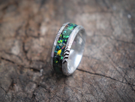 EMERALD DRAGON DAMASCUS, Authentic Emerald, Dragon Scale Opal, Stone Inlay, Damascus Stainless Steel Glowstone Ring (8mm Wide)