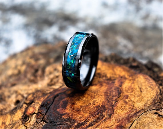 BLUE MIDNIGHT FOREST, Meteorite, Emerald Opal, Stone Inlay, Black Ceramic Blue Glowstone Ring, Wedding, Engagement Band