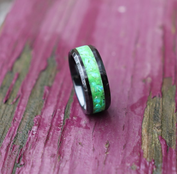 RADIOACTIVE GREEN, Opal, Stone Inlay, Black Ceramic, Green Glowstone Ring, Wedding, Engagement Band