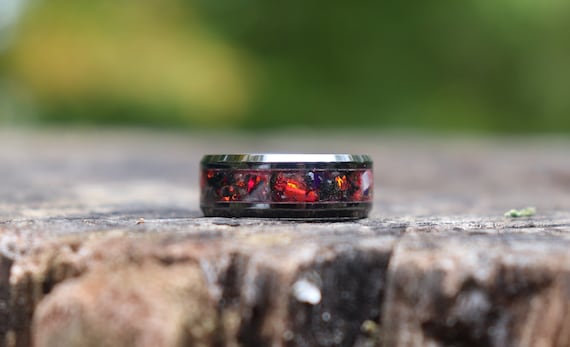 NOSFERATU, Black and Red Opal, Ruby, Black Marble, Mother of Pearl, Stone Inlay, Black Ceramic, Glowstone Ring, Wedding, Engagement Band