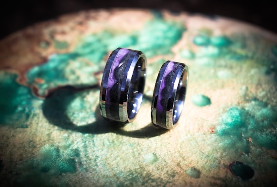 MYSTIC MOUNTAINS, Purple, Black Celluloid Inlay, Glowstone, Tungsten Carbide Ring, Wedding, Engagement Band