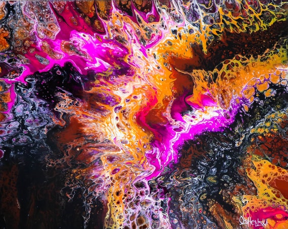10x8" Desert Rage, Original Acrylic Pouring, Yellow, Pink, Black, Fine Art PRINT