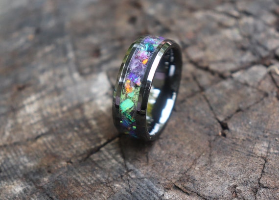 HOCUS POCUS, Purple, Green, Orange Opal, Amethyst, Meteorite, Stone Inlay, Black Ceramic, Glowstone Ring, Wedding, Engagement Band