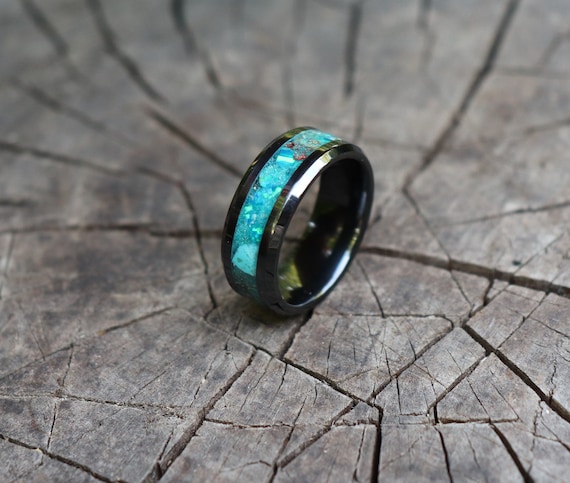 Riptide Ocean, Turquoise, Meteorite, Opal, Stone Inlay, Black Ceramic Glowstone Ring, Wedding, Engagement Band