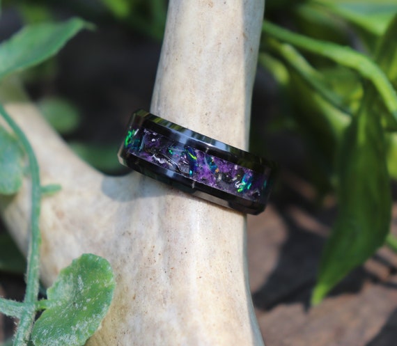 DARK ENCHANTED FOREST, Meteorite, Emerald Opal, Stone Inlay, Black Ceramic, Purple Glowstone Ring, Wedding, Engagement Band