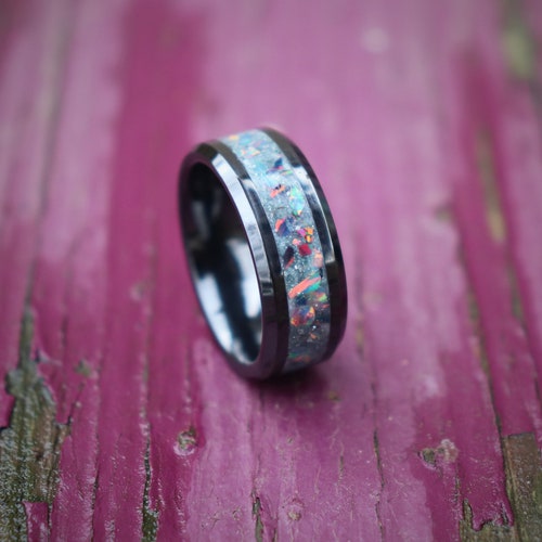 SONIC GRAY, Opal, Meteorite, Stone Inlay, shops Black Ceramic, Blue Glowstone Ring, Wedding, Engagement Band