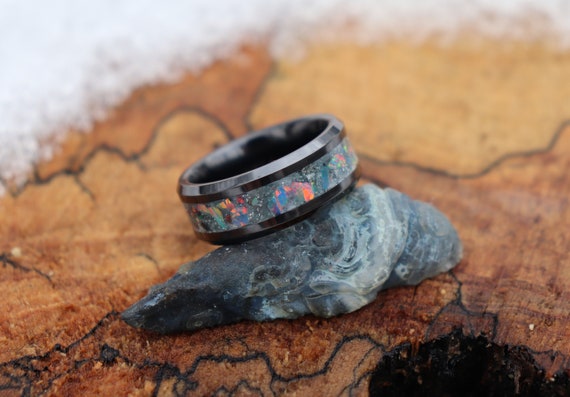 SONIC GRAY, Opal, Meteorite, Stone Inlay, Black Ceramic, Blue Glowstone Ring, Wedding, Engagement Band