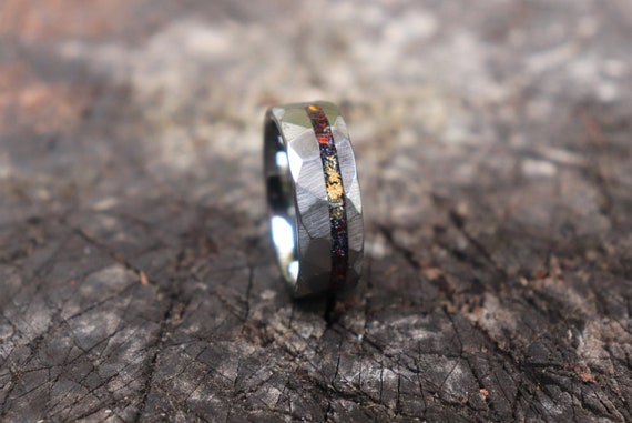 FIRE AND GOLD, 8mm Width, 24k Gold, Black Fire Opal, Stone Inlay, Hammered Tungsten Carbide Ring, Wedding Band