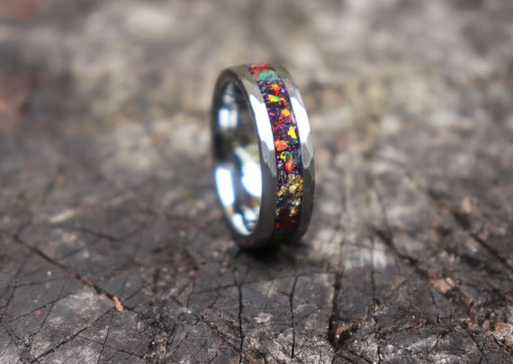 FIRE AND GOLD, 6mm Width, 24k Gold, Black Fire Opal, Stone Inlay, Hammered Tungsten Carbide Ring, Wedding Band