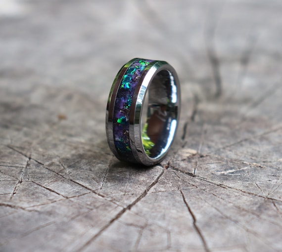 DARK ENCHANTED FOREST Titanium or Tungsten Carbide Ring, Meteorite, Emerald Opal, Stone Inlay, Purple Glowstone, Wedding, Engagement Band
