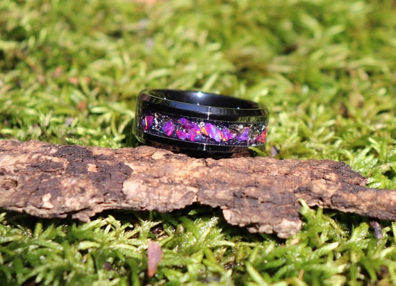 PURPLE GALAXY, Opal, Meteorite Black Ceramic Ring, Wedding, Engagement Band