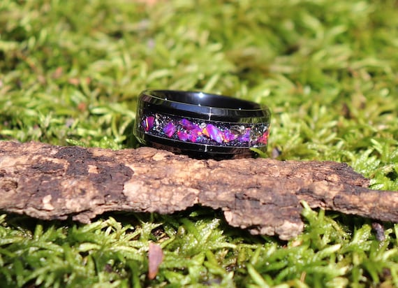 PURPLE GALAXY, Opal, Meteorite Black Ceramic Ring, Wedding, Engagement Band