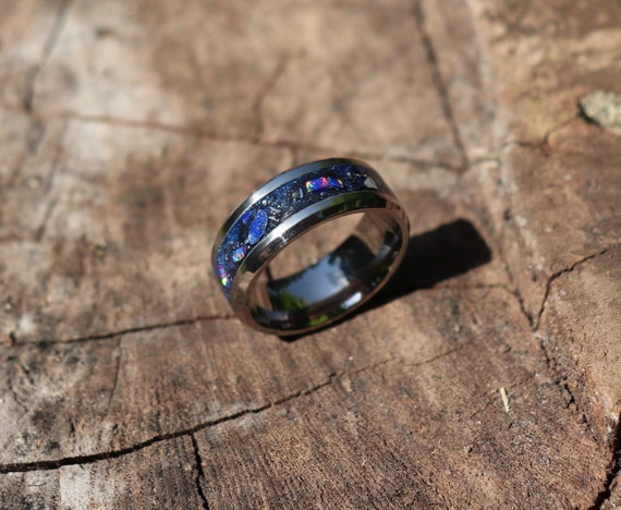 DEEP ENCHANTED OCEAN, Lapis, Meteorite, Blue Opal, Stone Inlay, Glowstone, Titanium or Tungsten Ring, Engagement, Wedding Band