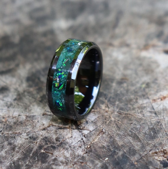 DARK FOREST, Meteorite, Emerald Opal, Stone Inlay, Black Ceramic Glowstone Ring, Engagement Band