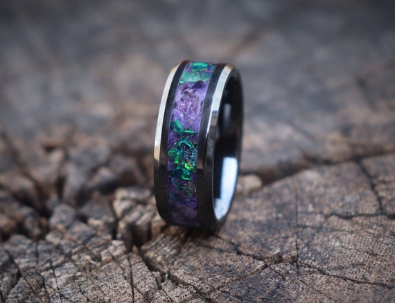 Amethyst and Emerald Dark Enchanted Forest Black Ceramic Glowstone Ring