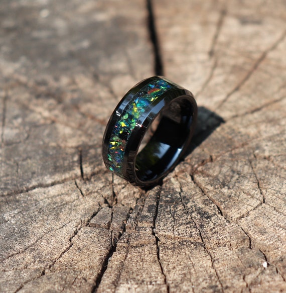 DARK DRAGON SCALE, Opal, Pyrite, Copper, Stone Inlay, Black Ceramic Green Glowstone Ring, Wedding, Engagement Band