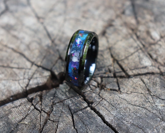 SUPER NOVA, Deep Space Opal, Meteorite, Lapis Lazuli, Water Sapphire, Black Ceramic Glowstone Ring, Wedding, Engagement Band