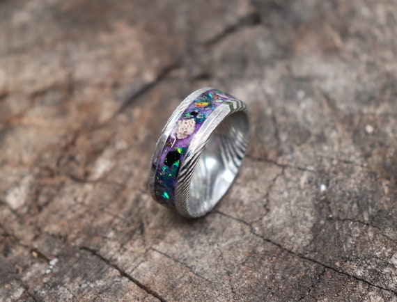 PURPLE JURASSIC, Dinosaur Bone, Emerald Opal, Meteorite, Stone Inlay, Damascus Stainless Steel Glowstone Ring (8mm Wide)