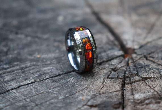 HALLOWEEN NIGHT, Orange Opal, Meteorite, Stone Inlay, Tungsten Carbide Ring, Wedding, Engagement Band