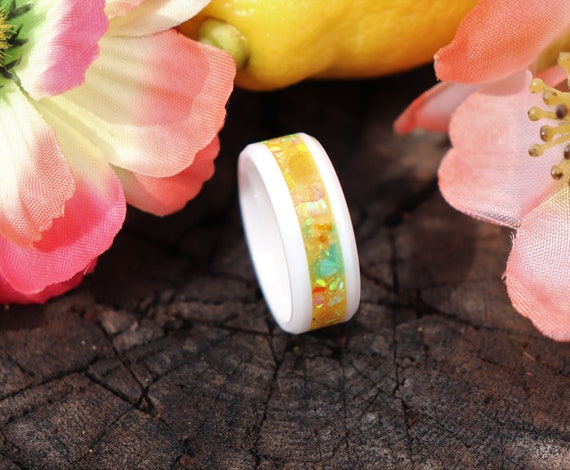 LEMON DROP, Authentic Amber, Opal, Stone Inlay, White Ceramic Glowstone Ring, Engagement, Wedding Band, Yellow, Coral, Green