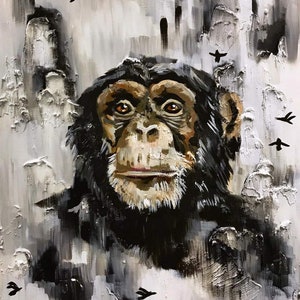 May include: A black and white painting of a chimpanzee's face with a textured background. The chimpanzee has a serious expression and is looking directly at the viewer. The background is a mix of white, grey, and black, with abstract shapes and lines.
