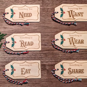 Need, Want, Read, Wear, Eat, Share Gift Tags with Holly Design