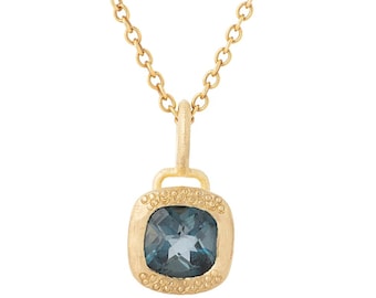Massive 14k Gold London Blautopas Halskette: Kissenschliff Matt Anhänger