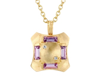 18k Solid Gold Architectural Geometric Necklace Sapphire White Diamond Fine Jewelry