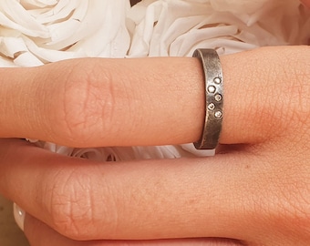 Rustic Brushed Alternative Engagement Ring with Diamond Oxidized