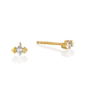 18k Gold Dainty Stud Diamond Earrings - Handmade Gift for Her