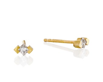 18k Gold Dainty Stud Diamond Earrings - Handmade Gift for Her