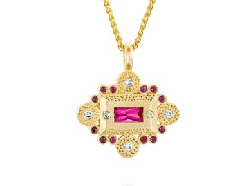 18k Solid Gold Artisan Ruby Necklace, Green Sapphire and Diamond Halo Fine Jewelry