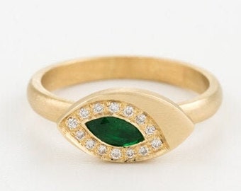 Unique Marquise Emerald & Diamonds Engagement Ring, Vintage Gold Bridal Promise Band Ring, Anniversary Gift For Women