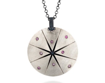 Oxidized Sterling Silver Compass Necklace with Pink Sapphires and Diamonds – Artisan Talisman Jewelry