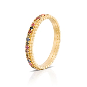 Multicolor Sapphire Eternity Stacking Ring: 14k Solid Gold Rainbow Wedding Band