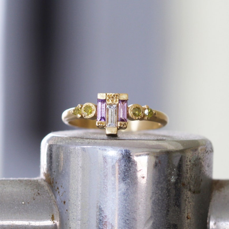 Bagguette Diamond &Purple Sapphire Engagement Ring with small Yellow Diamonds in 18k image 1