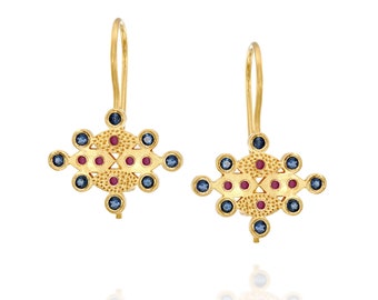 Solid 18K Yellow Gold Dangle Earrings with Ruby Gemstone and Blue Sapphires