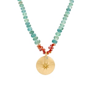 Emerald, Orange Sapphires Necklace set with Azure Sapphire