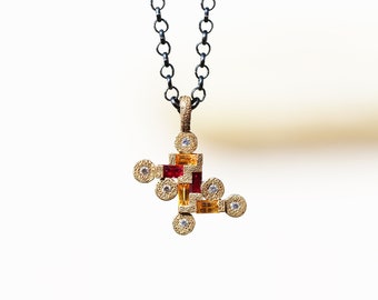 18k Gold and Oxidized Silver Geometric Necklace Yellow Sapphire Ruby and Diamond Artisan Jewelry
