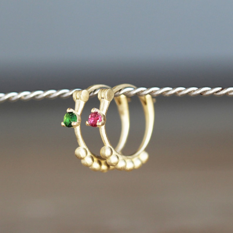 Hoop Earring Gold set with Ruby,Tsavorite image 1