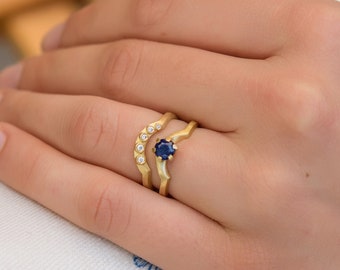 Solitaire Blue Sapphire Wedding Ring Set