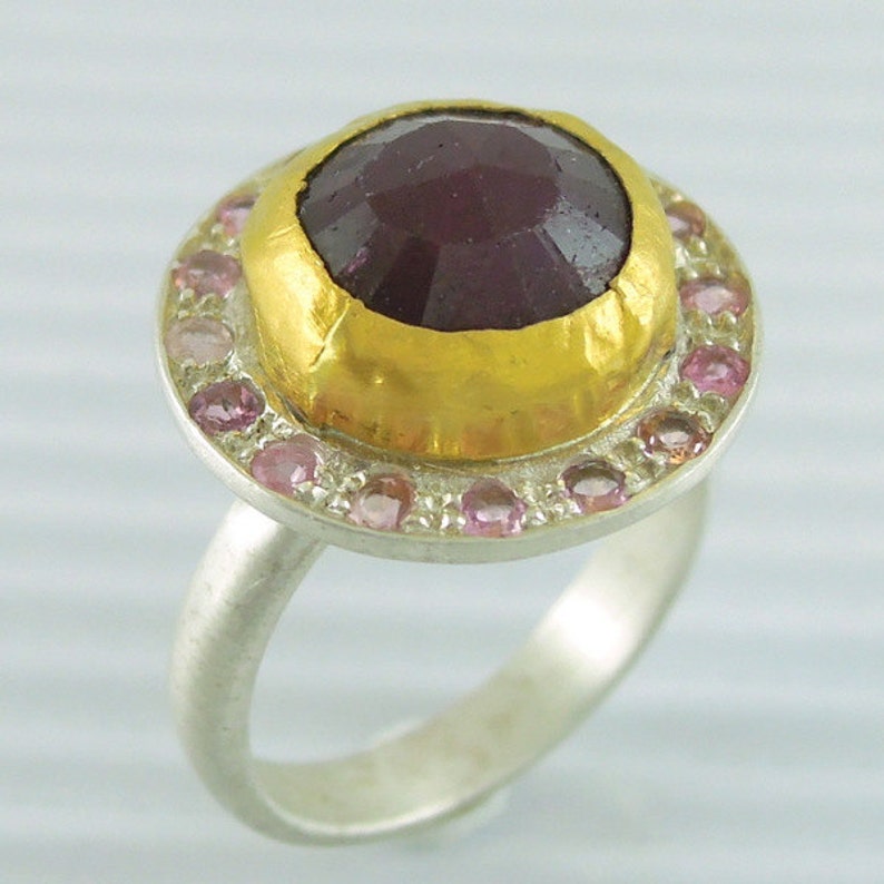 Sagittarius Birthstone Statement Ring Tourmaline Ring Natural Ruby Ring ready to ship size US 7.25 Silver Ring 24k Yellow Gold Ring