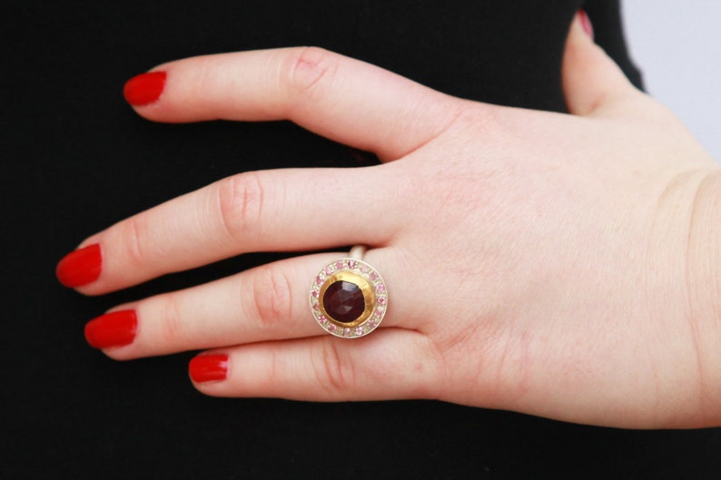 Sagittarius Birthstone Statement Ring Tourmaline Ring Natural Ruby Ring ready to ship size US 7.25 Silver Ring 24k Yellow Gold Ring