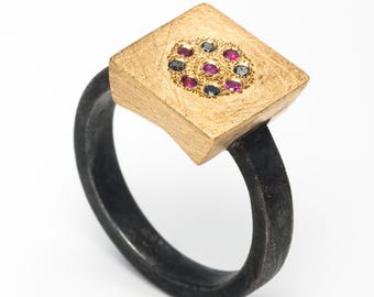 Gold & Silver Band Ring set with  Black Diamonds and Ruby